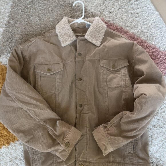 Mens Corduroy Jean Style Jacket Shearling Lined Size XL Tan Utility Gopcore - Picture 1 of 9